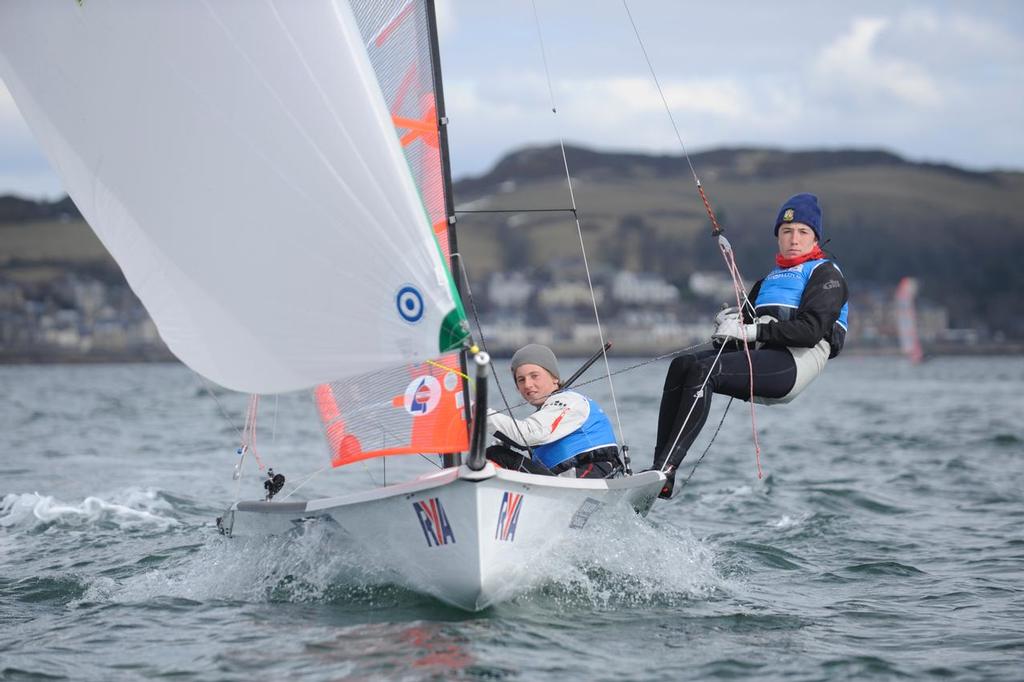 29er, 21, Owen Bowerman, Morgan Peach, Hisc<br />
Day 4, RYA Youth National Championships 2013 held at Largs Sailing Club, Scotland from the 31st March - 5 April. <br />
 ©  Marc Turner /RYA http://marcturner.photoshelter.com/